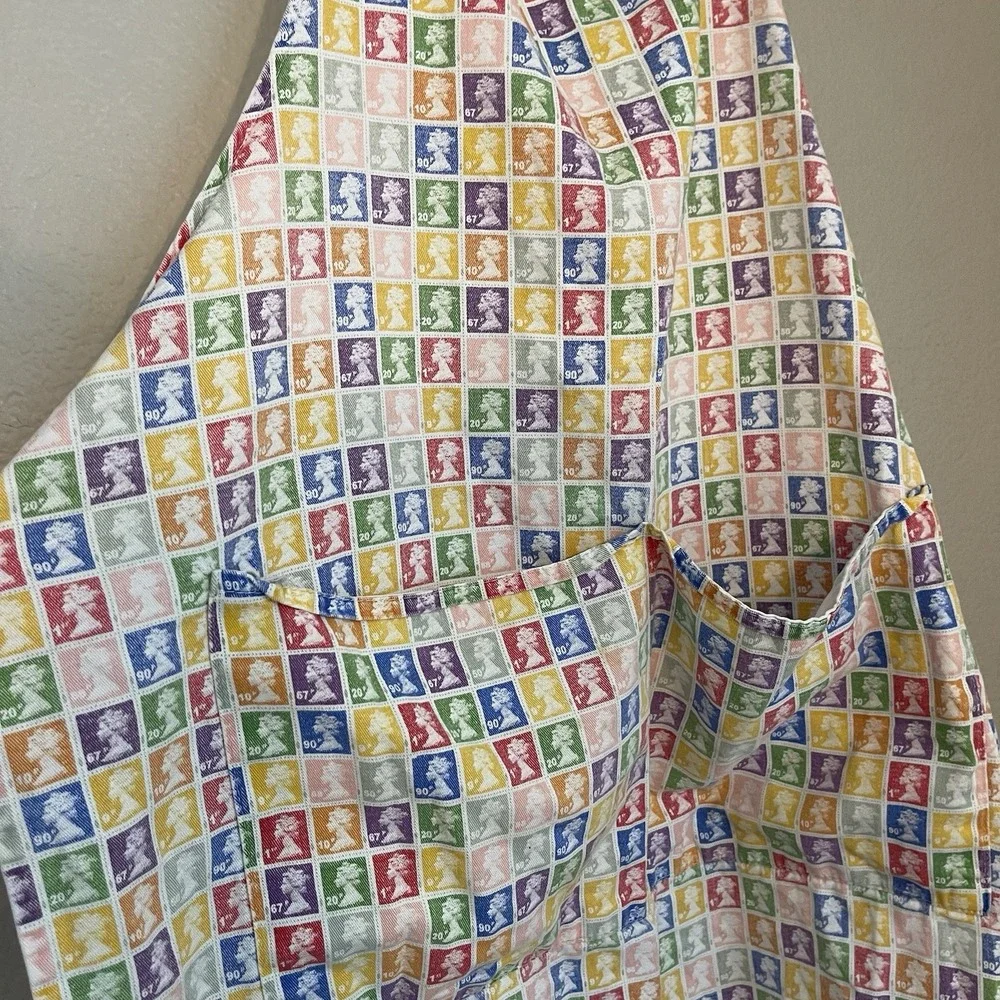 Vintage Full Apron 100% Cotton Multicolor Stamp Print Pockets Adjustable Neck